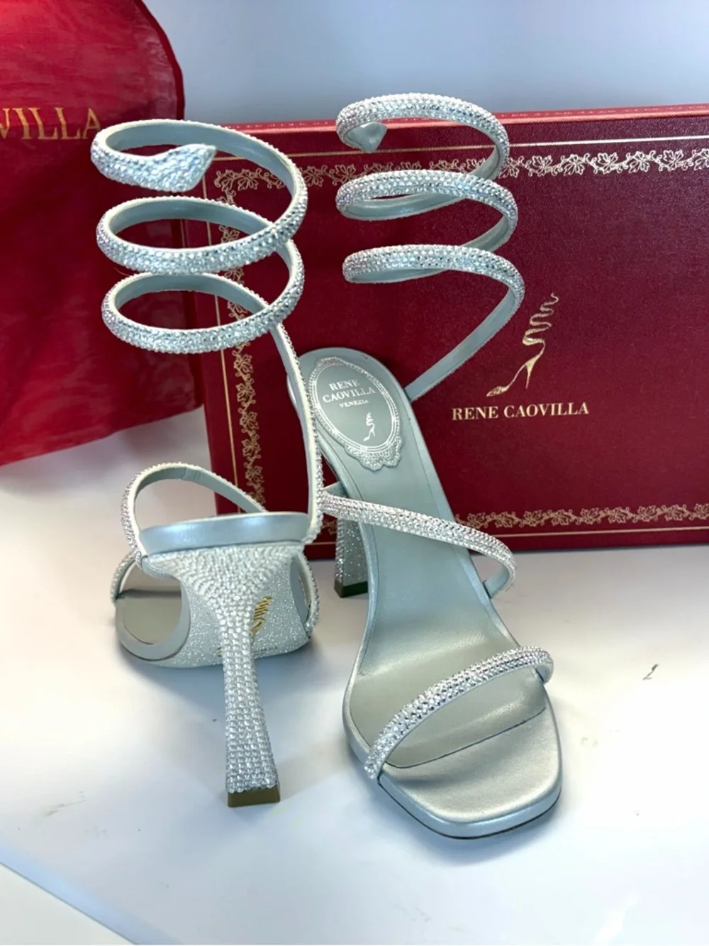 New in Box Rene Caovilla Silver Crystal Spiral Wrap Open Toed High-Heels - Picture 4 of 8